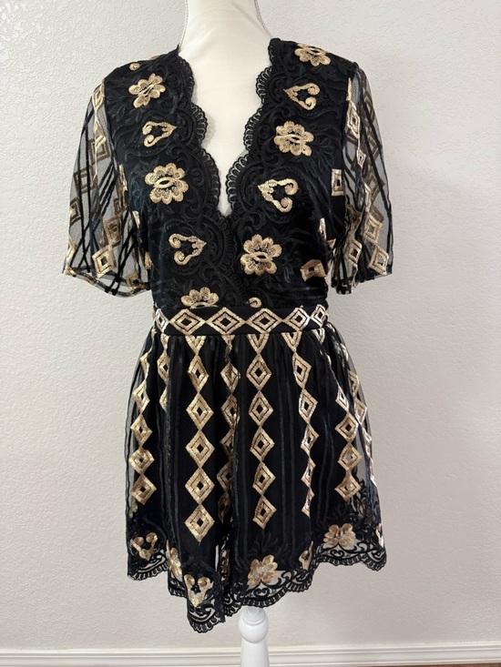 Sweet Lemon Pants - SWEET LEMON Black & Gold Embroidered Mesh Romper Lace Geometric size M